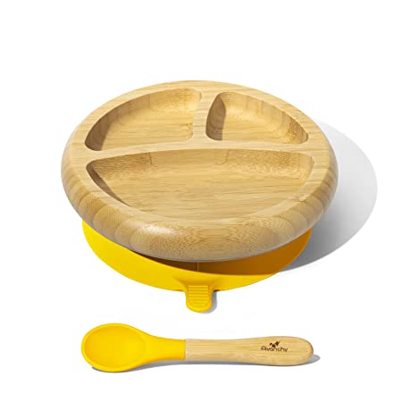 Avanchy Bamboo Baby Plate - Silicone Suction - Suction Plates and Bowls for Toddlers - 9 Months and Older - 7" x 2" (Yellow)