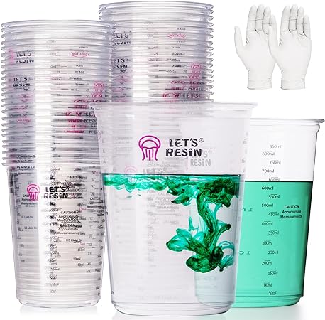 LET'S RESIN Resin Mixing Cups, 50pcs 32oz(1000ml) 2 Scales Accurate Paint Mixing Cup with Protective Gloves, Sturdy & Thick Disposable Measuring Cups for Paint, Pigment, Epoxy Resin, Resin Art