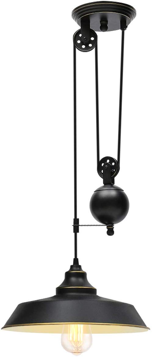 KingSo Rustic Pulley Pendant Light One Light Adjustable Height Industrial Black Ceiling Hanging Light Indoor Island Lamp for Dining Living Room Kitchen Hallway Foyer Farmhouse, One Light