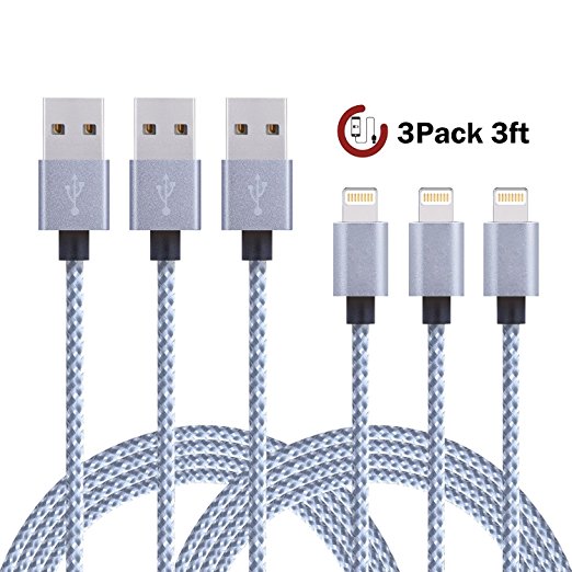 AOFU 3Pcs 3FT Lightning Cable 8 Pin Nylon Braided Sync and Charging USB Cable Cord Compatible with iPhone 7/7 Plus/6s/6s Plus/6/6 Plus/5s/5c/5/SE, iPad/ iPod & more (Gray&White)