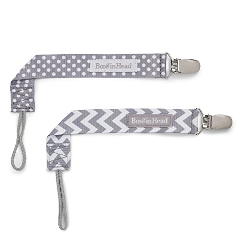 BooginHead - PaciGrip Pacifier Clip and Pacifier Holder with Universal Loop - Grey White Chevron, Grey White Polka Dot, 2-Pack