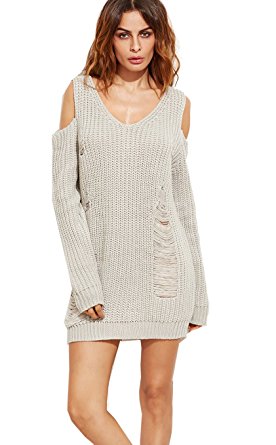 ROMWE Women's Casual Long Sleeve Cold Shoulder Ripped Sweater Dress