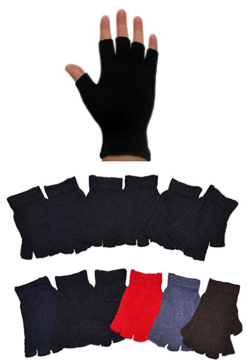 OPT Brand. 12 Pairs Fingerless Half Finger Solid Plain Magic Ski Stretchy Knit Sports Gloves Unisex Lady Men Children