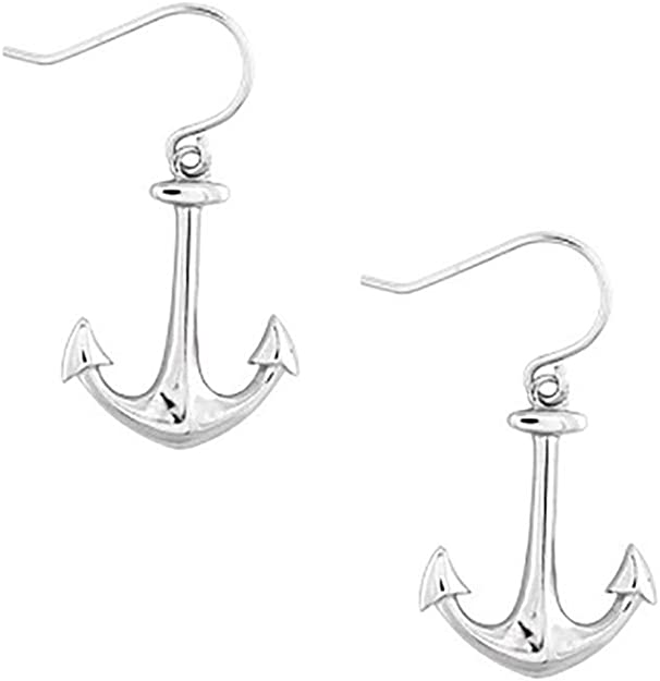 Solid Sterling Silver Rhodium Plated Anchor Dangle Earrings