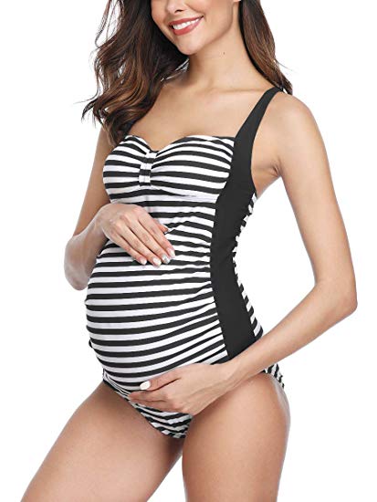 Women Maternity One Piece Swimsuit Striped Vintage Tummy Control