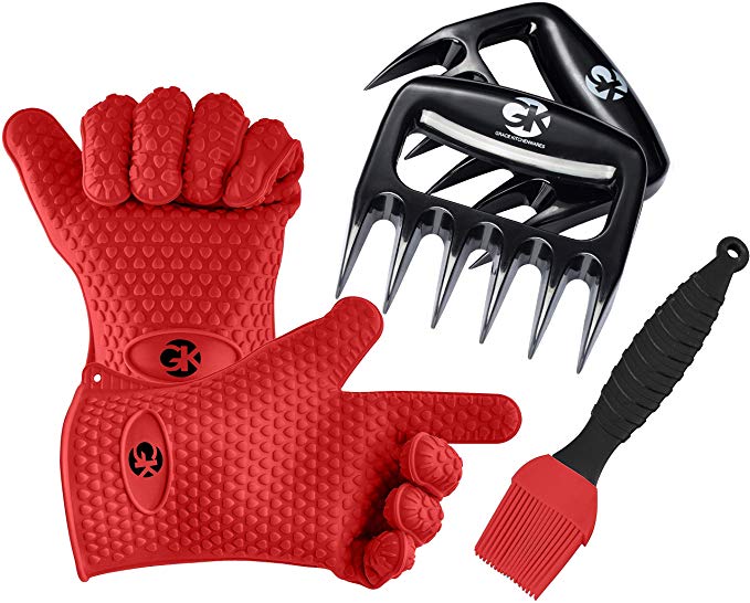 Grace Kitchenwares 3 n 1 BBQ Accessories Dream Set: Silicone BBQ Gloves Plus Meat Claws Plus Silicone Basting Brush Plus eBooks w/ 344 Recipes (Red)