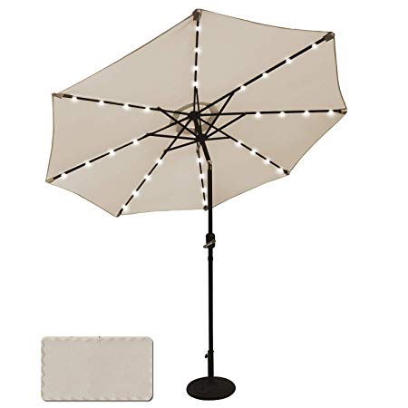 ABCCANOPY 9 FT Solar Powered Patio Umbrella 32LED Lights Solar Umbrella with Tilt and Crank (Light Beige-1)