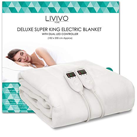 LIVIVO ® Deluxe Electric Under Blanket with Dual LED Controller – Soft and Comfortable Washable Heated Fitted Mattress Cover Sheet with 3 Heat Settings and Timer Function (Super King)