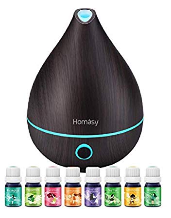 Homasy Aromatherapy Diffuser with Essential Oils Set, Essential Oil Diffuser 130ml and 8 Bottles Natural Pure Essential Oils, Super Quiet Aroma Diffuser with 8 Colors Lights BPA-free for Home Office