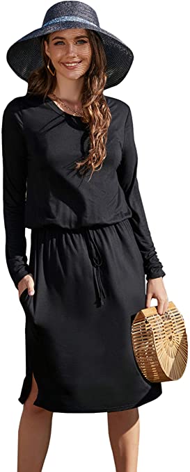 Simier Fariry Women's Modest Work Casual Midi Dress with Pockets