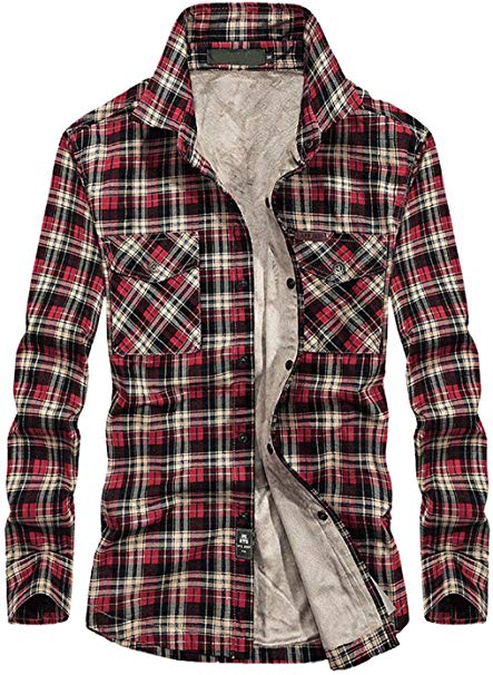 Chartou Men's Thermal Button-Down Fleece Lined Flannel Plaid Twill Work Shirt Jacket