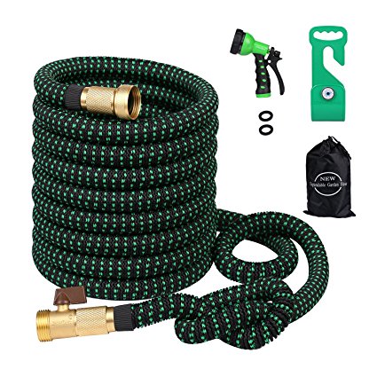 Greenbest Expanding/Expandable Garden Hose, Car Hose,Plastic Hose Hanger, 3/4Nozzel Solid Brass Connector,Double Latex Core,Extra woven Strength Fabric cover,Storage Sack,Spray Nozzle BG(100FT)