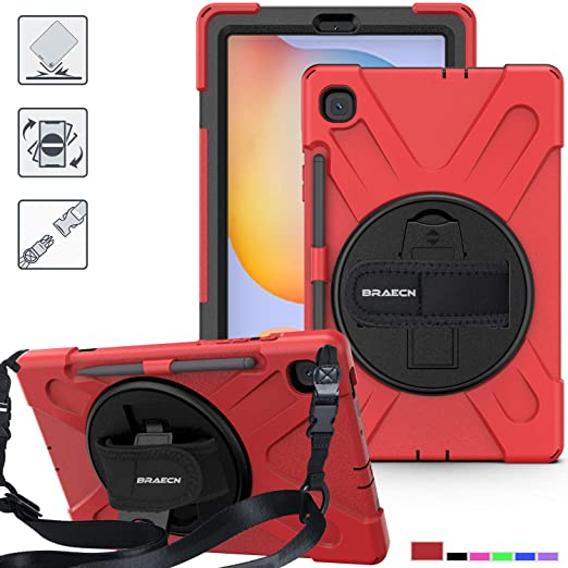 BRAECN Samsung Galaxy Tab S6 Lite Case, Heavy Duty Rugged Cover with [Rotating Hand Strap] [Carrying Shoulder Strap] [Kickstand] [S Pen Holder] for Galaxy Tab S6 Lite 10.4 2020 SM-P610 SM-P615-Red