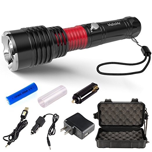 MalloMe 5000 Tactical LED Rechargeable Flashlight Ultra Bright 500 Lumens with Zoomable Adjustable 5 Torch Light Modes, 18650 Battery, USB, Wall, and Car Charger Included (8 Piece Set)