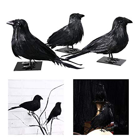 Tinksky Black Feather Crows Artificial Crow Raven Birds with Pedestals Halloween Prop Decor Display,3 Pack