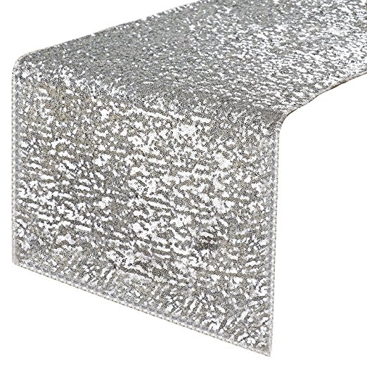 Pony Dance Rectangular Sequins Table Runner for New Year Party/Wedding/Holiday/Banquet Decoration,14" x 108",(Silver)