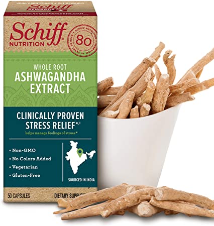Ashwagandha Extract Capsules, Schiff (50 Count in a Bottle), Vegetarian, Non-GMO, Gluten-Free, No Colors Added, Helps Manage Feelings of Everyday Stress and Support Healthy Stress Hormone Levels*,ǂ