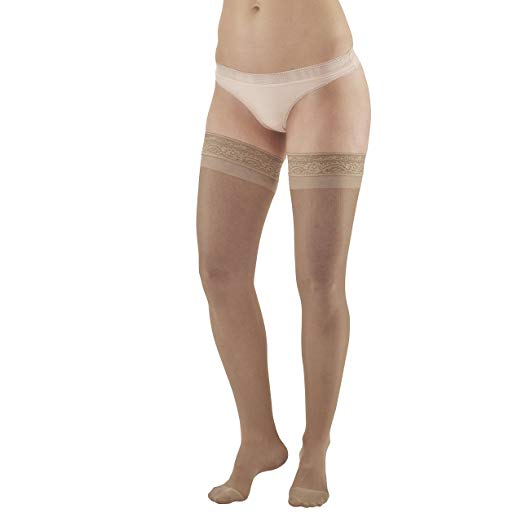 Ames Walker AW Style 4 Sheer Support 15-20mmHg Moderate Compression Closed Toe Thigh High Stockings w Lace Band Nude Medium - Fashionably sheer appearance - relieves tired aching and swollen legs