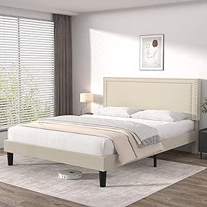 VECELO Full Size Platform Bed Frame with Height Adjustable Upholstered Headboard, Modern Mattress Foundation,Strong Wood Slat Support, No Box Spring Needed, Easy Assembly