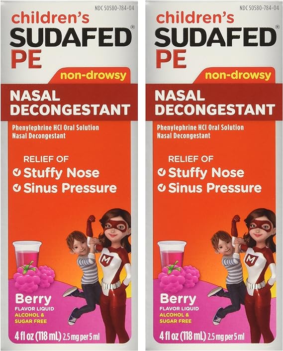 Children's Sudafed PE Nasal Decongestant Non-drowsy Raspberry Flavor Liquid 4-Ounce (Pack of 2)