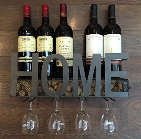Wall Mounted Metal Wine Rack 4 Long Stem Glass holder & Wine Cork Storage By Soduku