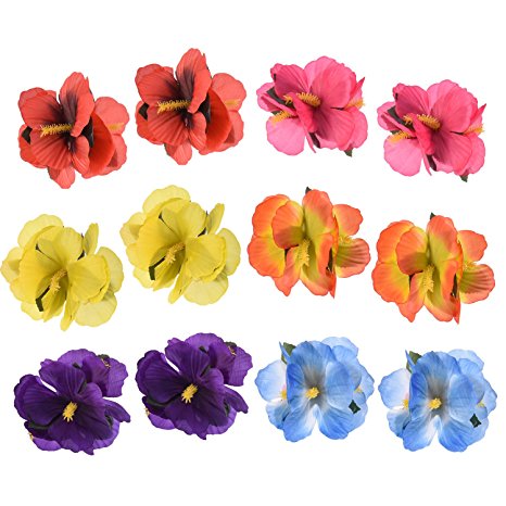 Sumind Hair Flowers Hawaiian Hairclips Flower Hair Clips for Costume Party Decoration Supplies, 6 Colors, 12 Pieces