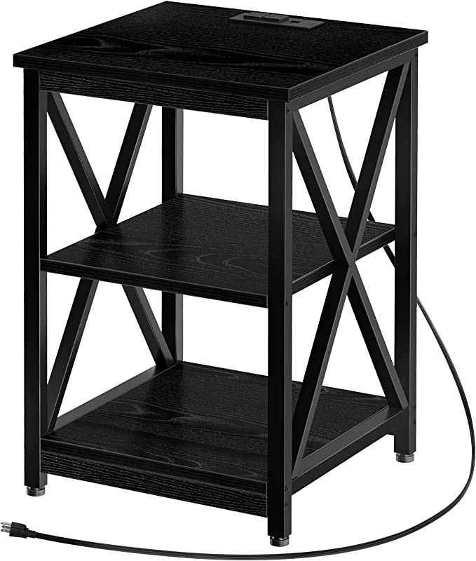 Rolanstar End Table with Charging Station, Versatile Side Table with Storage Shelf and USB Ports & Power Outlets, Farmhouse Industrial Nightstand Metal Frame Night Table for Living Room, Black