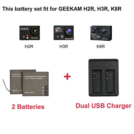GEEKAM Sport 4K Action Camera Batteries   Dual Charger for K8R & H3R GEEKAM Action Cam Without USB Cable