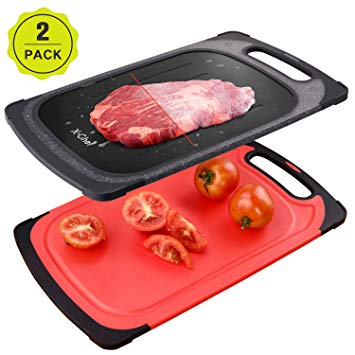 X-Chef Meat Thawing Tray 2 Sets, 2 in 1 Defrosting Cutting Board Defrosting Tray Plate for Kitchen Chopping Thawing Meat Chicken Fish Steak, 2 Side Use, 15.9x9.5inch, Red and Black