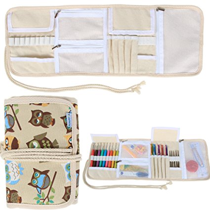 Teamoy Canvas Wrap Crochet Hook Case Organizer Crocheting Needles Bag, Coffee Owls--(No Accessories Included)