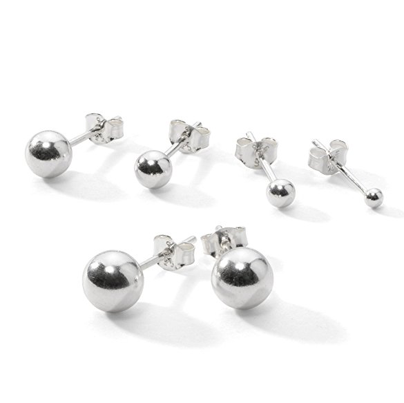 5 Pair Set of Sterling Silver Round Ball Stud Earrings, Includes 2mm 3mm 4mm 5mm 6mm Plus A Free Gift Box