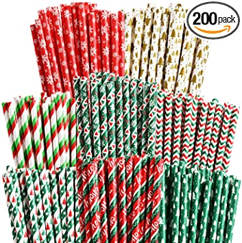 ALINK 200 Christmas Paper Straws, 8 Styles Striped Christmas Tree Snowflake Straws for Christmas Party Decorations Supplies