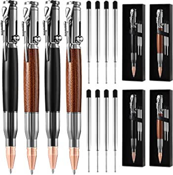 12 Pcs Metal Bolt Action Pen Set for Men Gift Gun Pens Bolt Action 4 Wooden Bullet Shaped Pen,8 Replaceable Black Refills 4 Present Boxes, Pen Gifts for Men Father Husband Boyfriend Graduation Gift