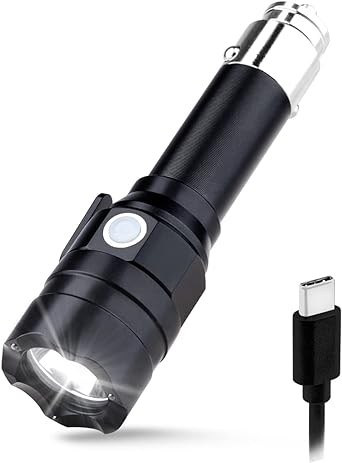 MCCC Small Flashlight Rechargeable with 12 Volt Car Cigarette Lighter & USB C Charge for Auto Vehicles Emergency, Car Escape, Outdoors, Daily Use