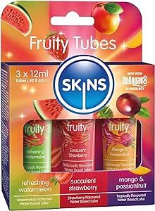 SKINS Flavored Lube Set - 3 Flavored Water Based Lubes - Fruity Edible Lubricant & Licks - Watermelon, Strawberry and Mango & Passionfruit Flavored Lube for Oral Pleasure & Intercourse