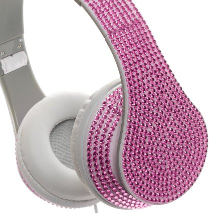 Crystal Case Foldable DJ Rhinestone Headphones w/ Microphone (Pink)