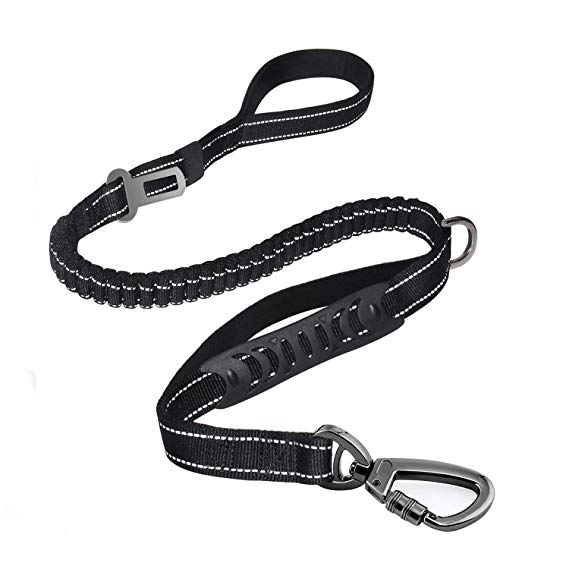 Fashion&cool Heavy Duty Dog Leash Especially Large Dogs Up to 150lbs, 6 Ft Reflective Dog Walking Training Shock Absorbing Bungee Leash Car Seat Belt Buckle, 2 Padded Traffic Handle Extra Control