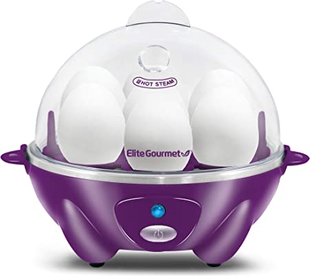 Elite Gourmet EGC700P# Rapid Egg Cooker, 7 Easy-To-Peel, Hard, Medium, Soft Boiled Eggs, Poacher, Omelet Maker, Auto Shut-Off, Alarm, 16-Recipe Booklet, BPA-Free, Eggplant