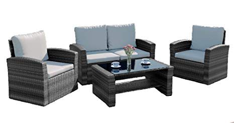 New Algarve Rattan Wicker Weave Garden Furniture Patio Conservatory Sofa Set (2 Seater Sofa Set in Brown) (Dark Mixed Grey/Light Cushions)
