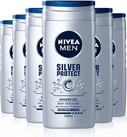 NIVEA MEN Silver Protect Shower Gel Pack of 6 (6 x 250ml), Anti-Bacterial Body Wash with Silver Ions, All-in-1 Shower Gel for Men, Strong NIVEA MEN Shower Gel