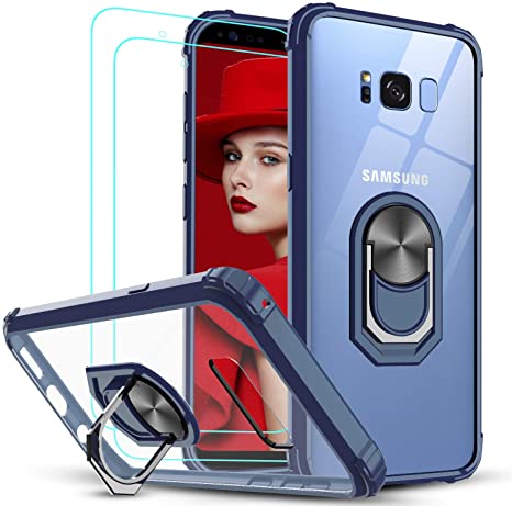 LeYi Samsung Galaxy S8 Plus Case with 3D Curved Screen Protector [2 Pack], [Military-Grade] Clear Crystal Protective Phone Cover Case with Magnetic Ring Car Mount Kickstand for Samsung S8 Plus, Blue