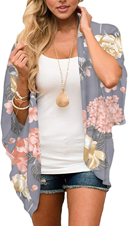 BB&KK Women's Floral Kimono Cardigans Chiffon Casual Loose Open Front Cover Ups Tops