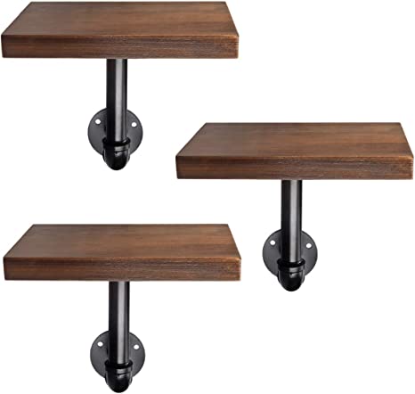 Navaris Industrial Pipe Shelf Set - 3 Small Wooden Shelves with Black Pipe Brackets - 5.9" x 7.9" Wall-Mounted Wood Shelving - Size S, Dark Brown