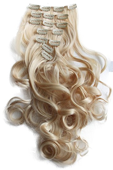 PRETTYSHOP XXL Set 8 pcs 24" Clip In Hair Extensions Full Head Hairpiece Wavy Curled Or Straight Heat-Resisting Div. Colors (bleach blonde curled #613 CES5-1)