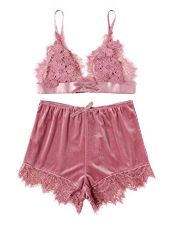 DIDK Women's Lace Trim Velvet Bralette and Shorts Pajama Set