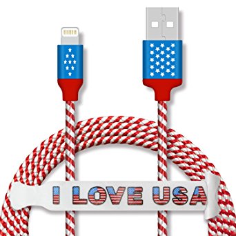 iPhone Cable Lightning Cable,Tenfly American USA Flag Color Nylon Braided Aluminum Head 4.9ft 8 pin Lightning to USB Charging Cord Sync USB Data Cable for Apple iPhone / iPad