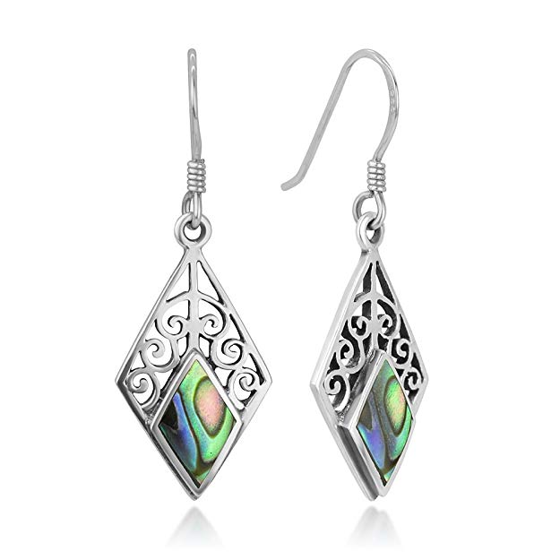 925 Sterling Silver Bali Inspired Gemstone Filigree Dangle Hook Earrings