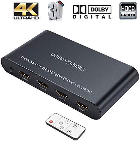 HDMI Switch 4K, CableCreation 3 Ports HDMI Switcher Splitter 4K@60Hz, 3D, Full HD, 1080P, 3 in 1 Out(3x1) Hub with IR Remote Controller for Roku, Blu-ray Player，PS3/PS4