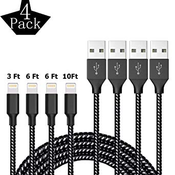 BBInfinite Compatible iPhone Cable 4Pack 3Ft 6Ft 6Ft 10Ft Lightning Cable,Charger Cable Cords Nylon Braided to USB iPhone Charger Cable iPhone X/XS/Xsmax/XR/8/7/7Plus/6/6S/6Plus/5/5S/5C(Black&White)