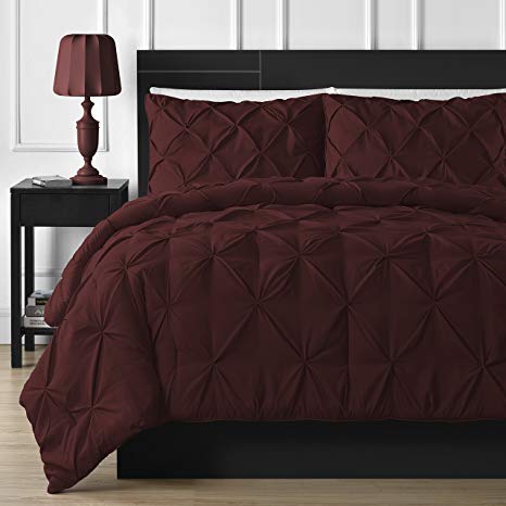 Comfy Bedding Double Needle Durable Stitching 3-Piece Pinch Pleat Comforter Set All Season Pintuck Style King Burgundy